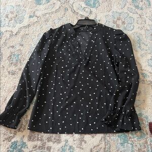 SHEIN Black V-Neck Long Sleeve Blouse with White Heart Print